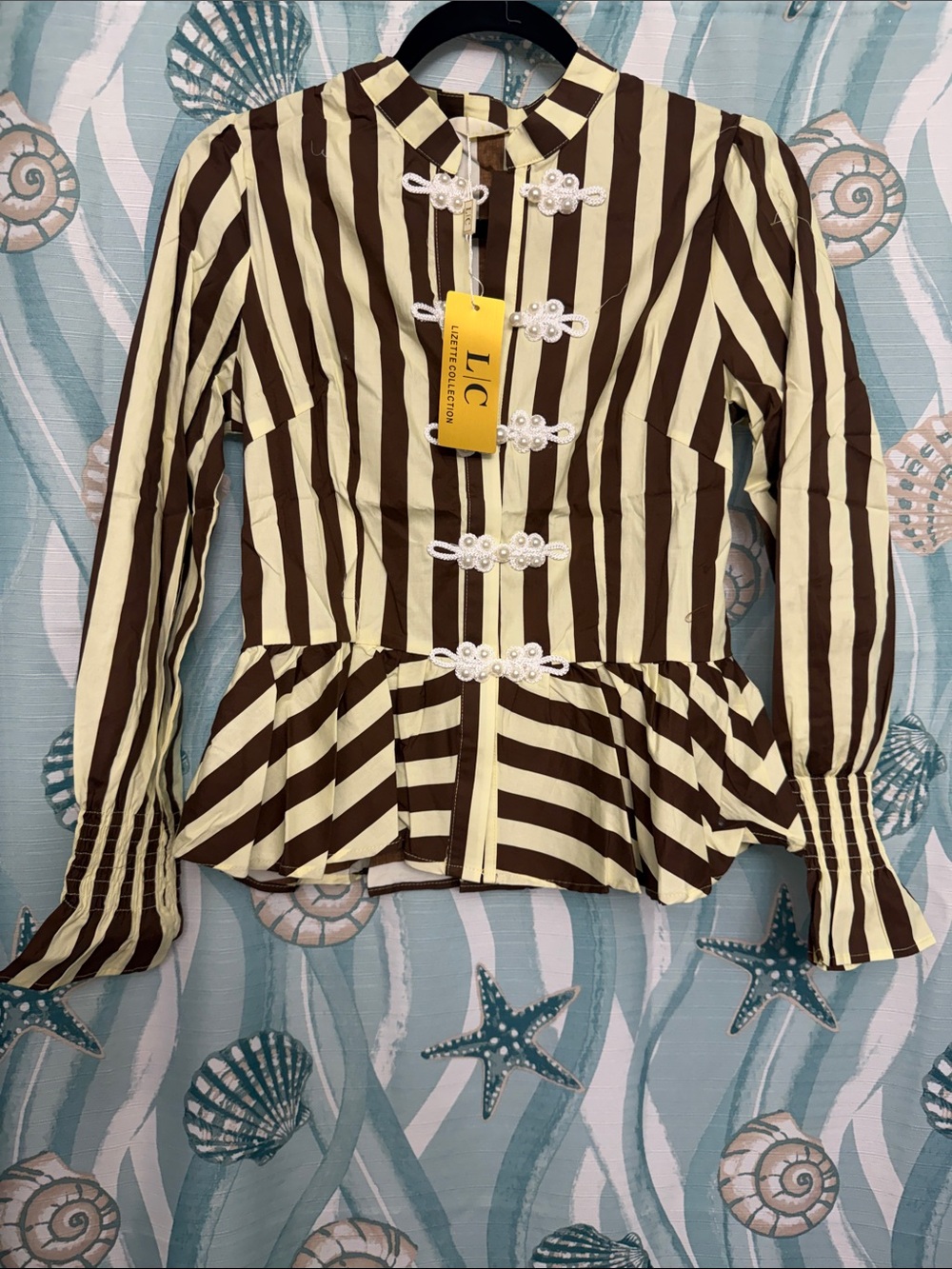Striped Peplum Blouse in Brown and Cream